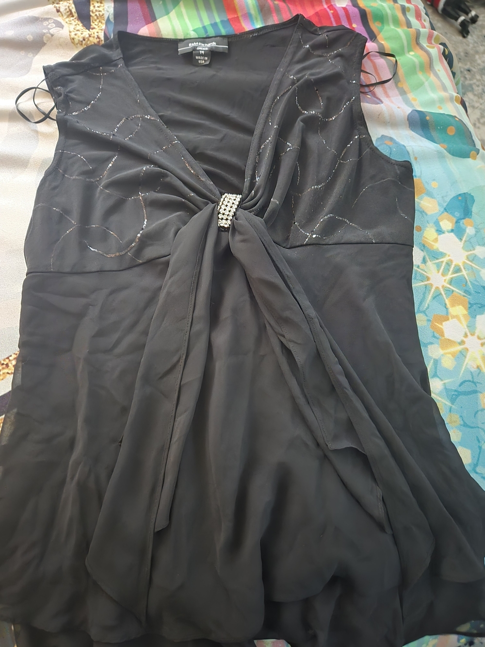 R&M Richards Black Sleeveless Tie-Front Evening Top with Rhinestone Accent